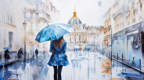 paris watercolor city street scene woman