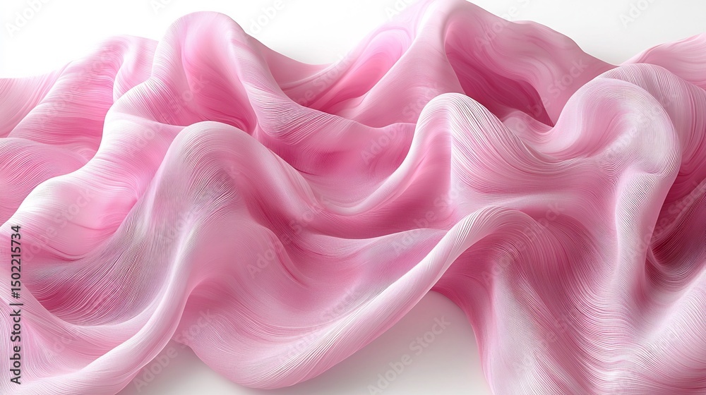 Fototapeta premium Layered Pink Fabric Swirling In Bloom Motion With Marble Texture Waves Flowing Across a Clean White Background In Abstract Form