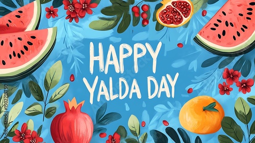Vibrant illustration of fruits and flowers celebrating Yalda Day.