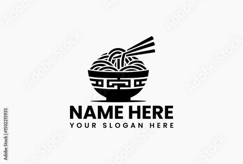 Stylized black and white vector logo illustration of ramen noodles with chopsticks and toppings in a bowl. Food concept