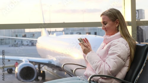 Woman texting on smartphone at airport with airplane outside. photo