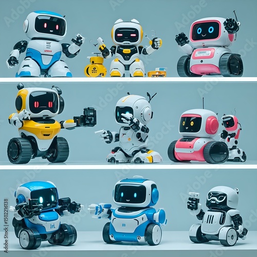 A collection of nine assorted robotic toys displayed on a shelf, featuring various designs and colors.