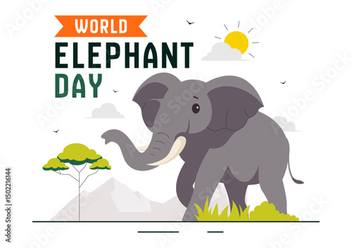 Happy World Elephant Day Vector Illustration on August 12, featuring Elephants for Conservation and Salvation Efforts in a Flat Style Background