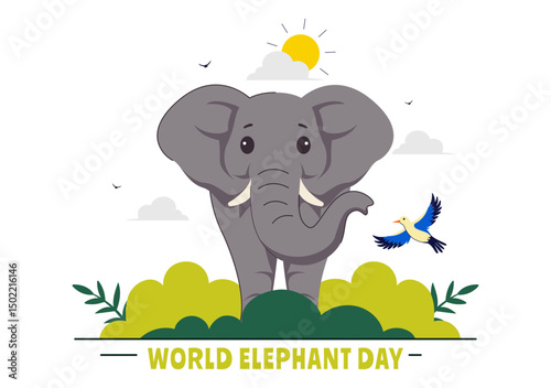 Happy World Elephant Day Vector Illustration on August 12, featuring Elephants for Conservation and Salvation Efforts in a Flat Style Background