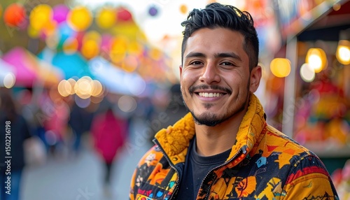 Smiling man in vibrant jacket stands in a busy outdoor marketplace scene