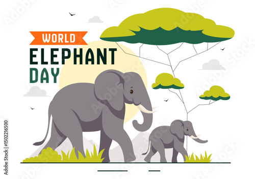 Happy World Elephant Day Vector Illustration on August 12, featuring Elephants for Conservation and Salvation Efforts in a Flat Style Background