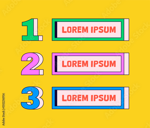 Infographic featuring a 1-2-3 numbered layout with vibrant rectangular text boxes in cartoon hand drawn style vector for presentations, education, instructions, or step-by-step