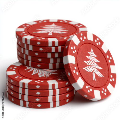 Red poker chips with christmas tree celebrating winter holidays