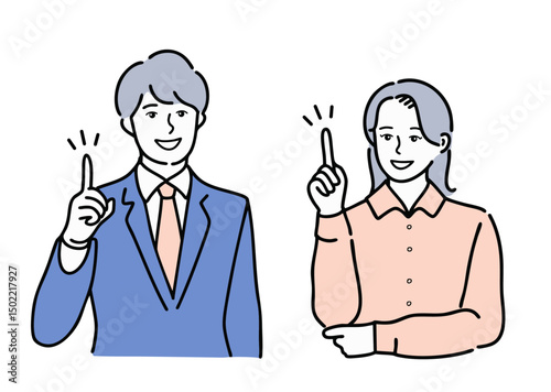 人差し指を立てている男女のイラスト(ベクター 編集可能 シンプル ビジネス)