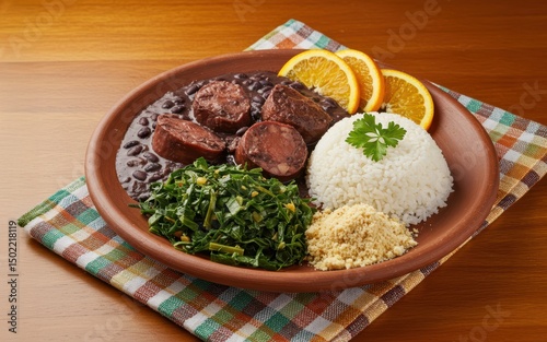 Savory Brazilian Feijoada Black bean stew, rice, greens, orange slices, and farofa. A delightful culinary experience.