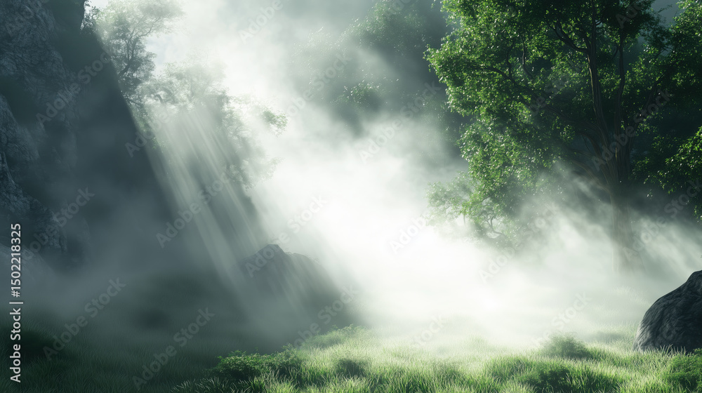 Fototapeta premium Ethereal Foggy Forest Scene with Dramatic Sunlight Piercing Mist, Lush Greenery, Rocky Cliff, and Tall Trees, Tranquil and Otherworldly Wilderness