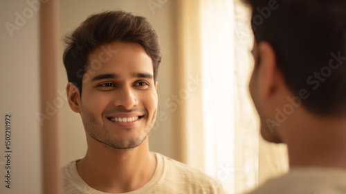 A happy young Indian man standing in front of a mirror, generative AI