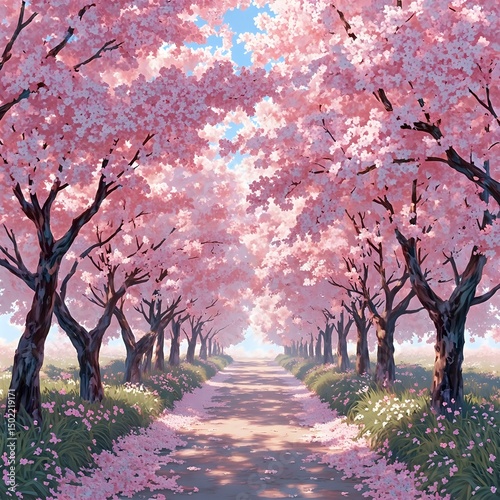 The image captures a serene tree-lined pathway dappled with pink cherry blossoms, leading towards a clear sky above.