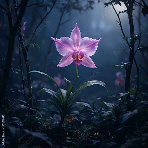 A digital image showcasing a vibrant pink orchid flower with five petals against a dark, misty backdrop, surrounded by green foliage.
