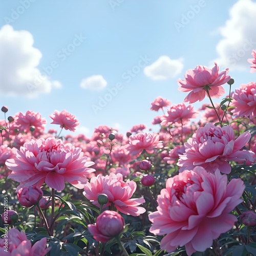 The image shows a vibrant field of pink peonies with numerous blooms, set against a blue sky with scattered clouds.