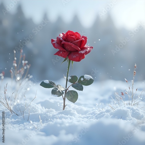 A red rose in full bloom stands out against a snowy landscape with blurred pine trees in the background.