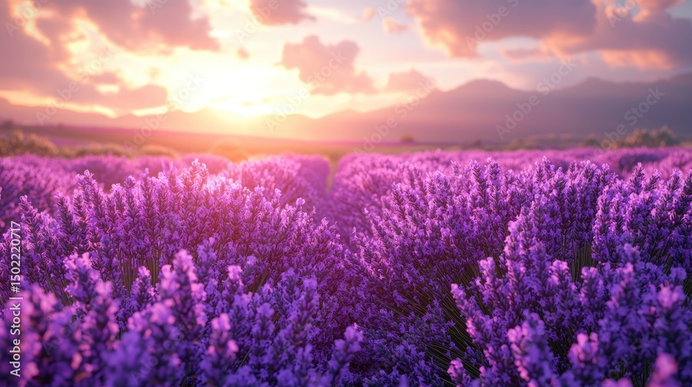 Fototapeta premium Lavender field at sunset, vibrant purple blooms
