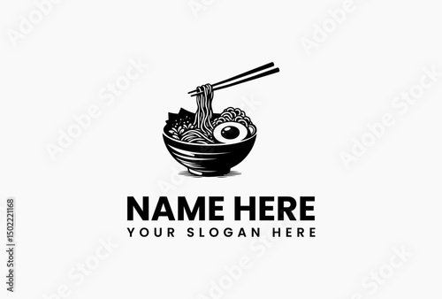 Stylized black and white vector logo illustration of ramen noodles with chopsticks and toppings in a bowl. Food concept