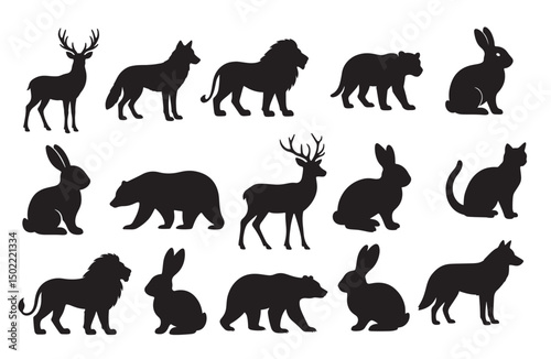 Vector silhouette of collection of rabbit on white background. Symbol of forest animal and hare