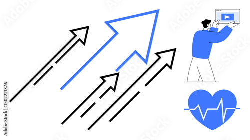 Dynamic arrows heading up signify growth a person holding a digital screen represents technology and engagement a heart icon with a heartbeat line conveys health. Ideal for technology, health