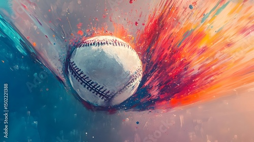 A serene interpretation of a vibrant drawing of a bat and ball with splashes of color to convey motion