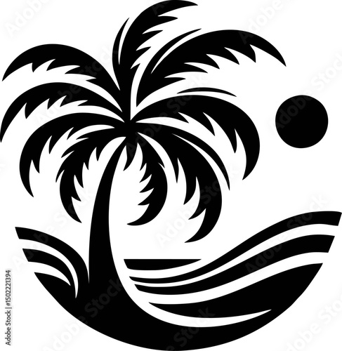 Coconut Tree Emblem Vector – Retro Palm Tree Graphic for Surf Shop, Holiday Resort, Travel Blog, or Tropical Lifestyle Merchandise Logo