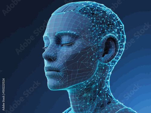 Digital Woman Head with Glowing Wireframe, Artificial Intelligence Concept, Blue Background