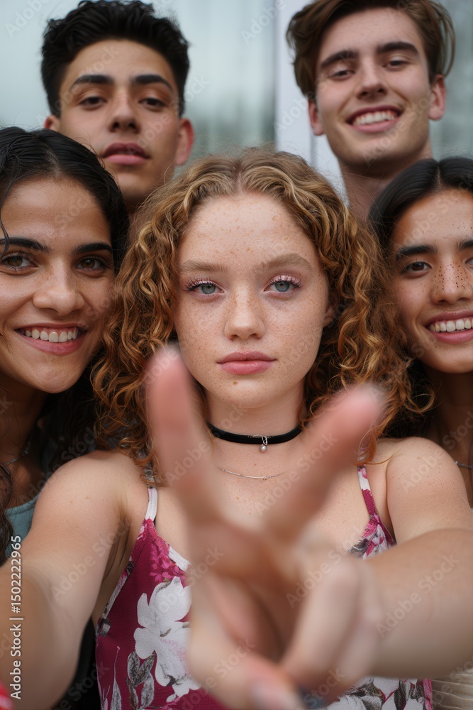 Obraz premium A group of friends pose for a selfie with a blurred peace sign.
