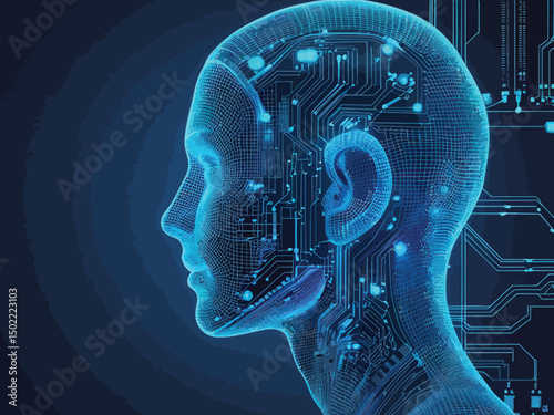 Blue Wireframe Head with Circuitry Illustrating Artificial Intelligence and Technological Advancement.