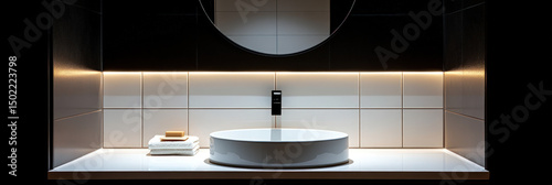 Modern bathroom vanity with round sink and recessed lighting photo