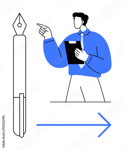 Fountain pen beside professional pointing to the right while holding clipboard, representing instruction, writing skillset, guidance, planning, education, creativity, decision-making. Ideal