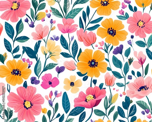Seamless pattern with bright spring flowers