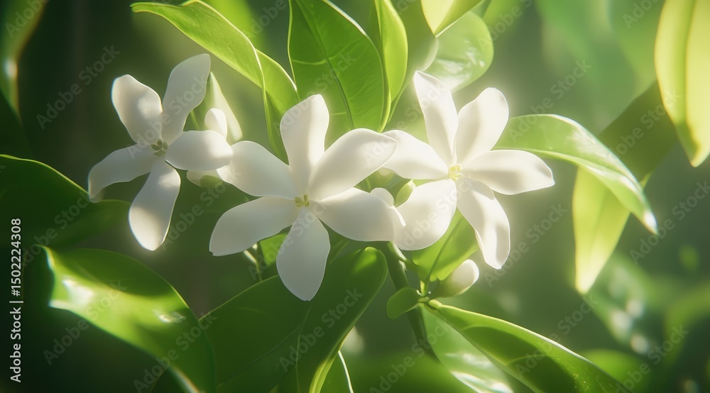 Fototapeta premium White flowers, lush foliage, bright sunlight