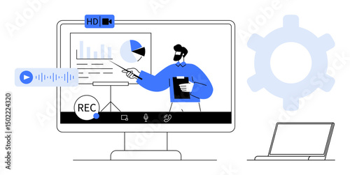 Presenter explaining charts during online session on monitor screen with recording tools, audio visual gear, and laptop. Ideal for online learning, virtual meetings, webinars, data analysis, content