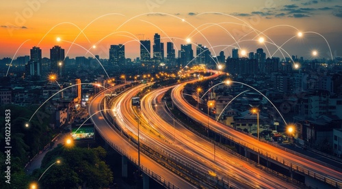 City highway at dusk, interconnected network