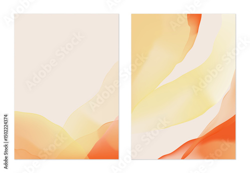 Minimalist abstract background, flowing forms with a translucent watercolor effect in shades of orange and yellow on a light pink background