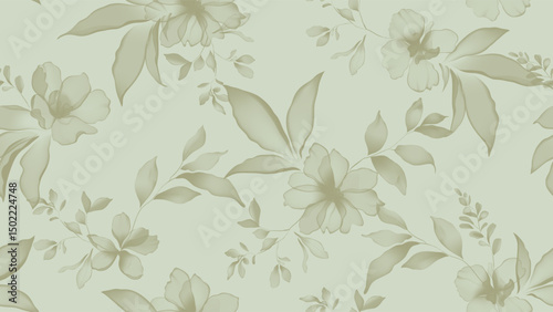 Floral seamless pattern features translucent flowers and leaves in shades of green on a soft green background. The flowers and leaves have a painterly, slightly abstract quality