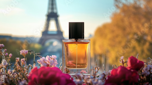 paris perfume bottle flowers eiffel background