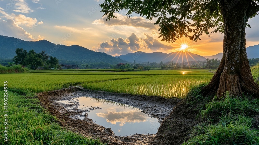 Obraz premium Sunset Over Rice Paddies