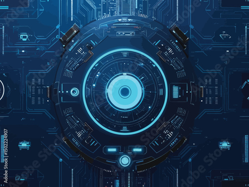 Futuristic Blue Circuit Board with Central Glowing Element: Technology and Data Concept
