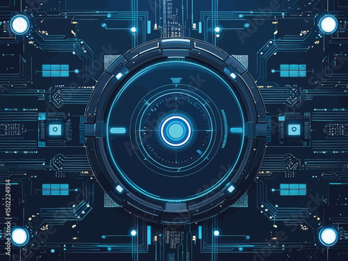 Futuristic Technology: Digital Circuit Board with Glowing Round Target Interface - Blue
