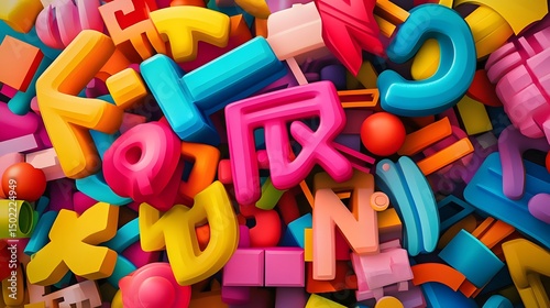 A vibrant illustration of katakana characters arranged in a visually appealing layout captured in a surreal moment