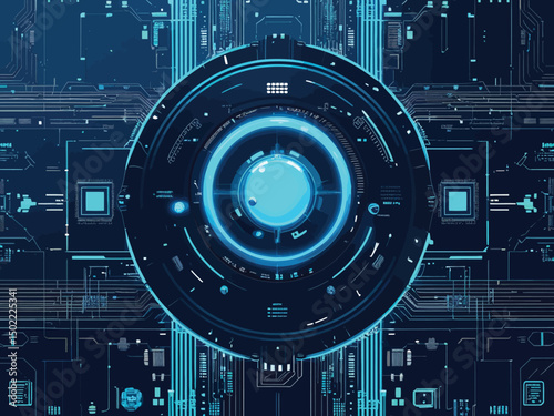 Abstract Futuristic Technology Background with Glowing Blue Circuits and Complex Digital Elements.