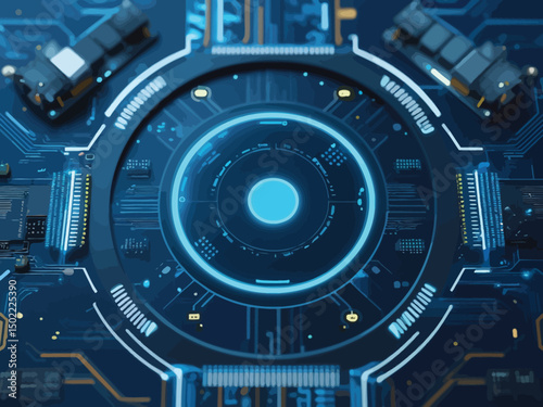 Intricate blue circuit board design with glowing center for technology and innovation concept.