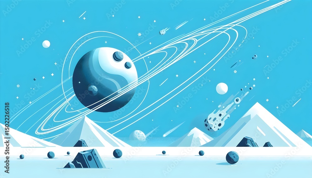 Obraz premium Vector flat design showing Earth with asteroid nearby and orbit lines in the light blue sky, suitable for educational banners with room for copy