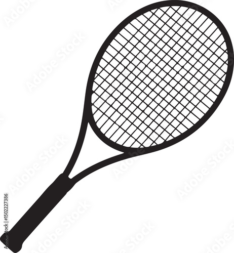 Tennis racket with ball. Icon of racquet for court. Logo of tennis rocket and ball isolated on white background. Sport equipment for game, match, competition. Silhouette for club of badminton. Vector
