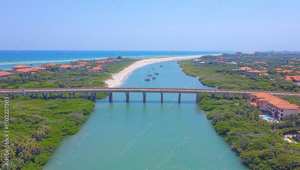 Naklejka premium A coastal waterway with a bridge and shoreline development.
