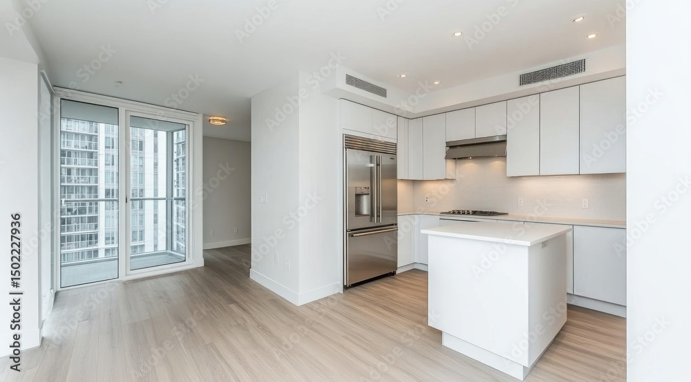 Fototapeta premium Bright, modern apartment interior. Open-concept living area with kitchen