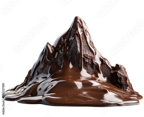A dark chocolate mountain peak, sculpted and melting, with rich, glossy ganache flowing down its sides onto a dark background