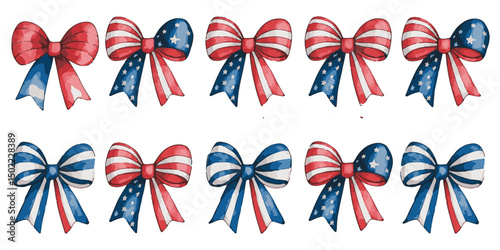 Patriotic Red White and Blue Bows Vector Set, American Flag Ribbon Clipart for 4th of July, Independence Day Decorations